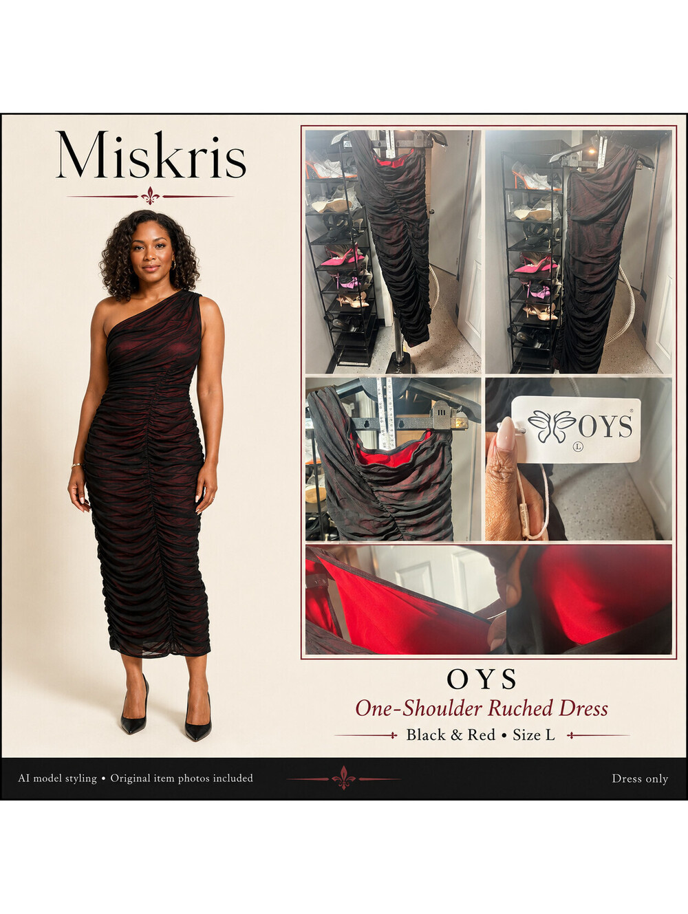 OYS Black Red Mesh Ruched One Shoulder Bodycon Midi Dress Large Cocktail Party